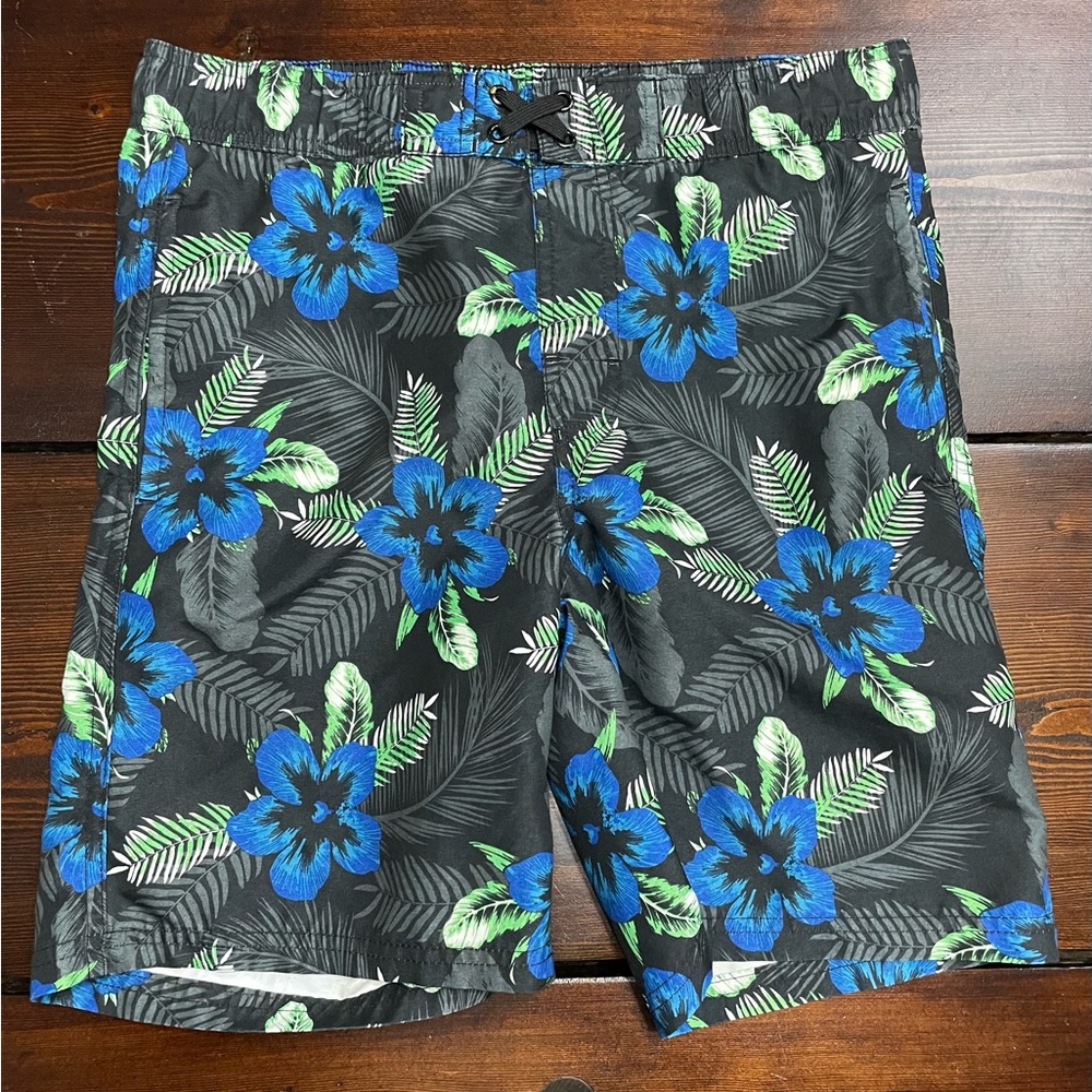 OT Revolution Boy's Black/Blue Tropical Board Shorts Swim Trunks Medium 8 / 10